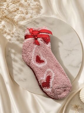 Cozy Pink Heart Fuzzy Socks with Red Accent